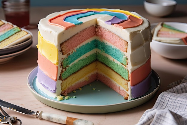 Foto tweelaagse cake met afwisselende strepen van verschillende glazuurkleuren gemaakt met generatieve ai