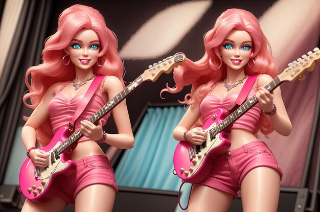 Tweelingen van Rock and roll die gitaar spelen roze barbie girl stijl illustratie generatieve ai