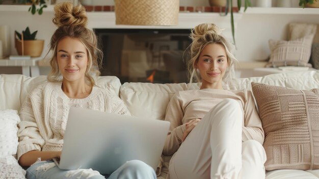 Tweelingvrouwen met laptops op de bank.