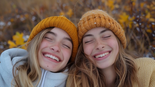 Tweelingzussen die samen glimlachen in de herfst