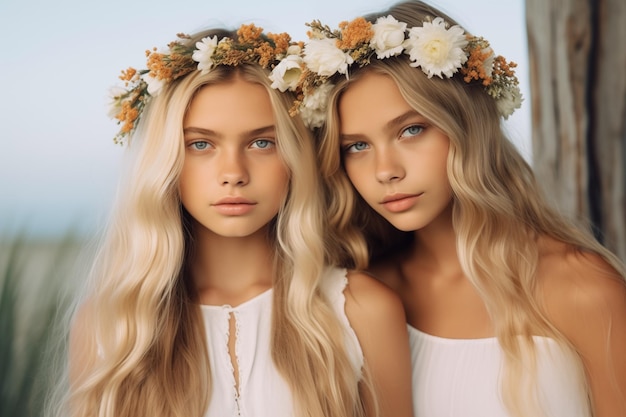 Foto tweelingzussen in bloemrijke sereniteit symboliseren pure schoonheid ideaal voor mode en lifestyle editorials h