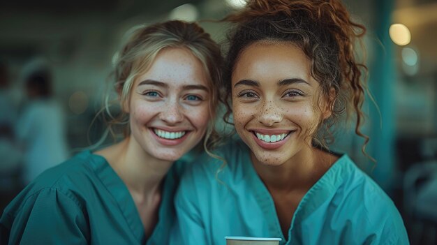 Tweelingzussen met blauwe scrubs en stethoscopen genieten van koffie Internationale Verpleegstersdag