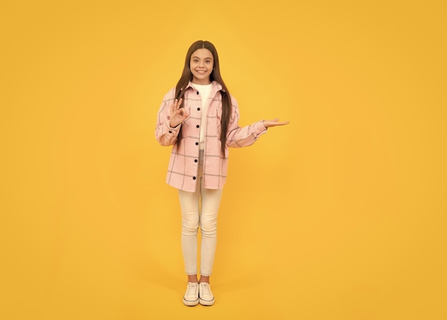 Tween kind in geruit overhemd presenteren product advertentie schoonheid en mode nieuwste trend exemplaar ruimte herfst mode winkelen verkoop gelukkig tiener meisje in geruit overhemd hipster kind casual stijl