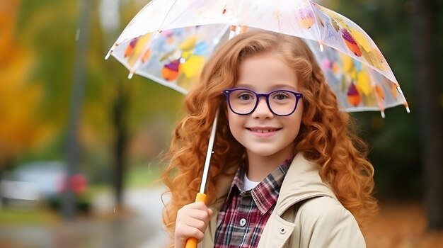 Tween with vivid rain protection school girl in glasses child with autumn umbrella rainy weather