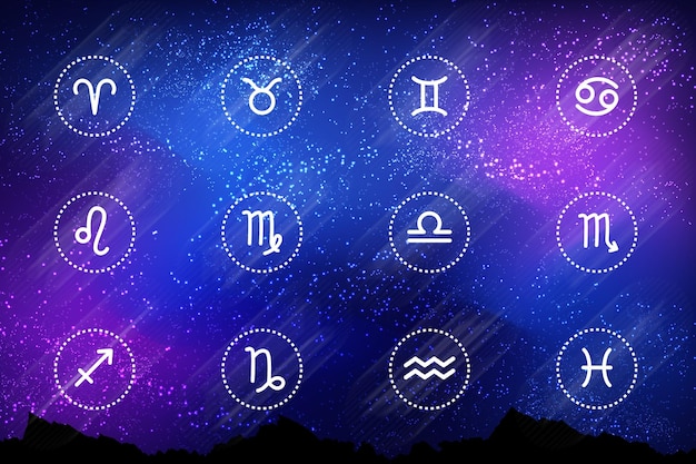 Twelve signs of the zodiac on the background of the space the ancient secret science of astrology es