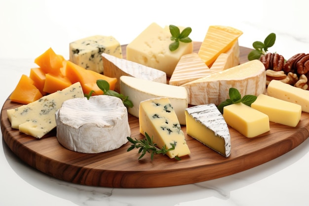 Twelve slices of different kinds of cheese on a cheese plate on white background