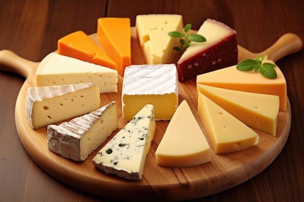 Twelve slices of different kinds of cheese on a cheese plate