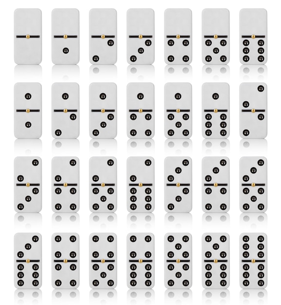 twenty-eight tiles dominoes on white background