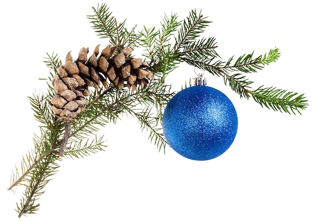 Twig of fir tree with cone and blue ball on white