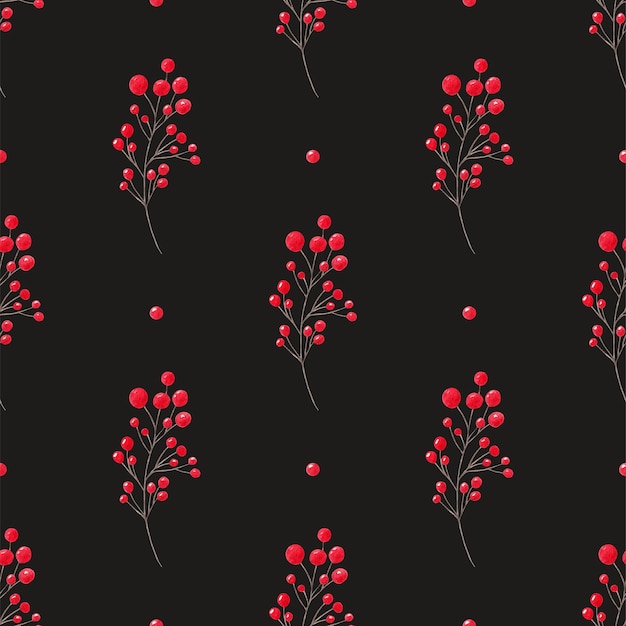 Photo twig with red berries watercolor seamless pattern on black background