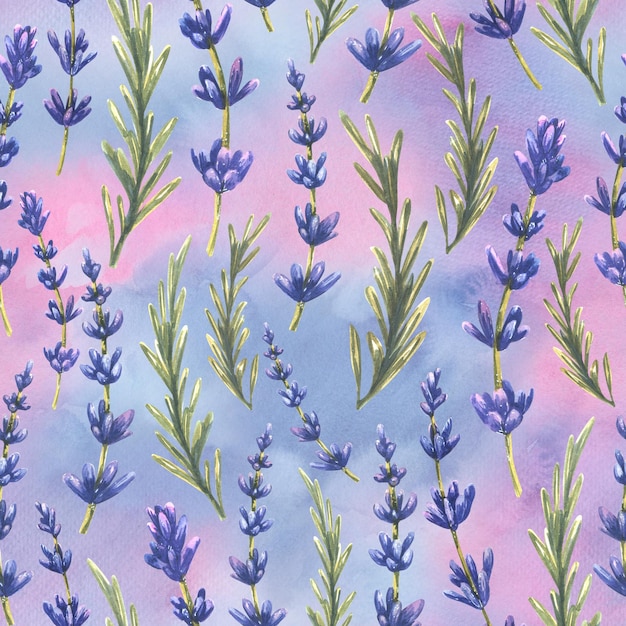 Twigs and leaves of lavender flowers Watercolor seamless pattern on a washes background From a large set of LAVENDER SPA For fabric textiles prints wallpaper covers packaging paper scrap