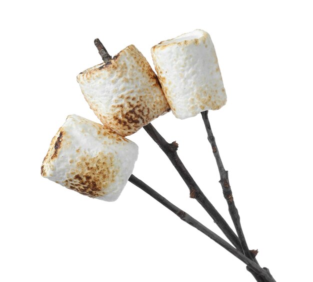 Twigs with roasted marshmallows on white background