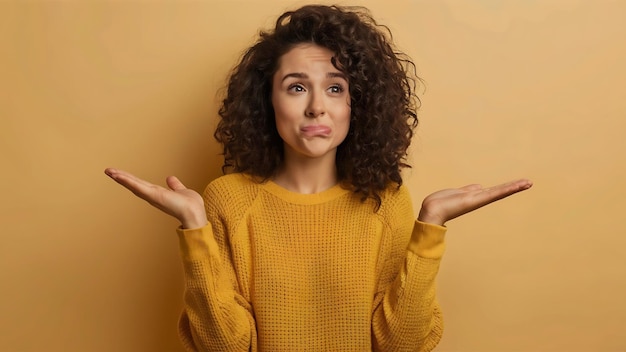 Foto twijfelende besluiteloze jonge vrouw portemonnee onderste lip spreidt handpalmen met clueless uitdrukking gekleed i