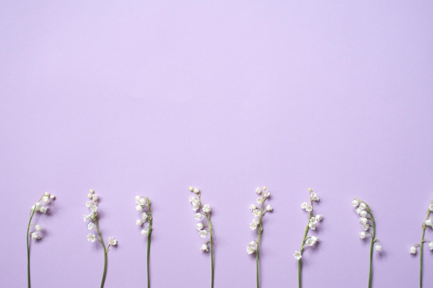 Twijgen van lelietje-van-dalen bloemen liggen op een lila achtergrond