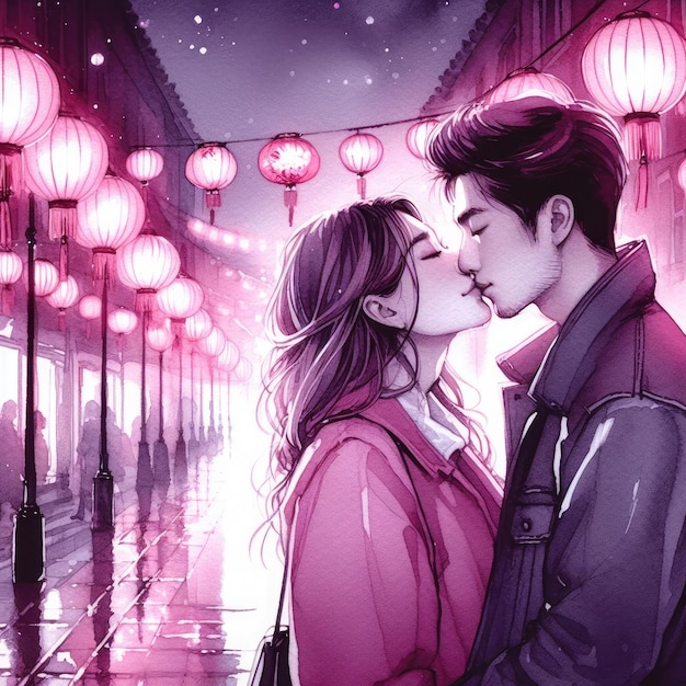 Романтическая иллюстрация поцелуя в ночном городе