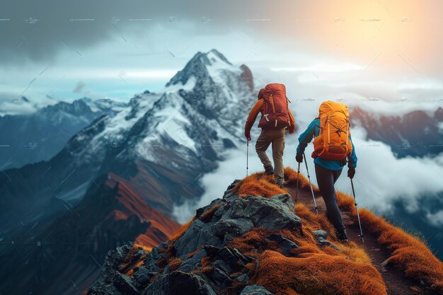 Twilight Ascent Hikers завоевывают величественные горные вершины Генеративный ИИ