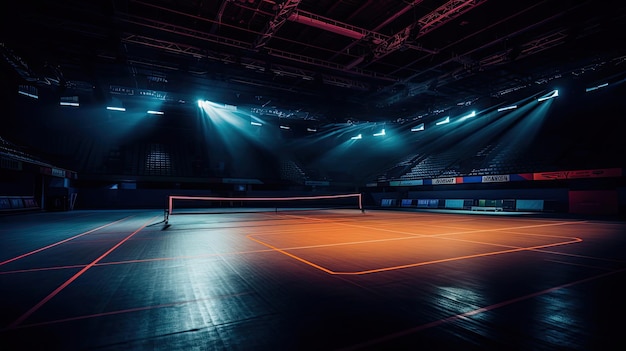 Twilight badminton court under stadium lights intensified colors and shadows