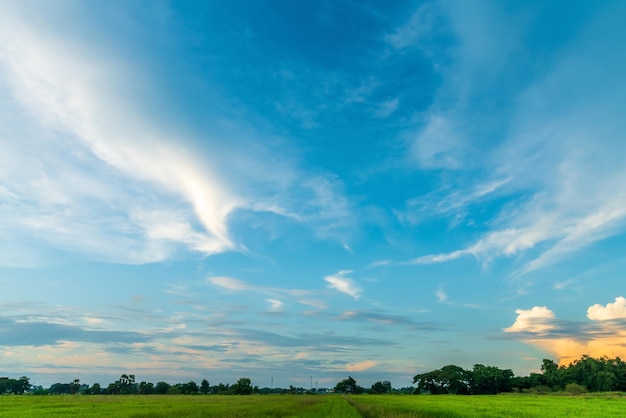 Сумерки синее яркое и оранжево-желтое драматическое закатное небо в сельской местности или на пляже красочная облачная текстура с белыми облаками на воздушном фоне