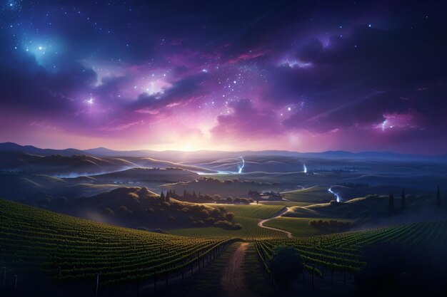 Twilight casting an ethereal glow over a vineyard