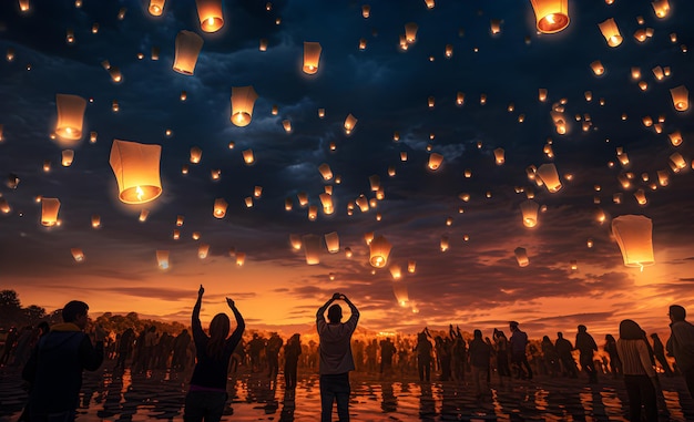 夕暮れ の 祝い と 空 の ランタン の 炎