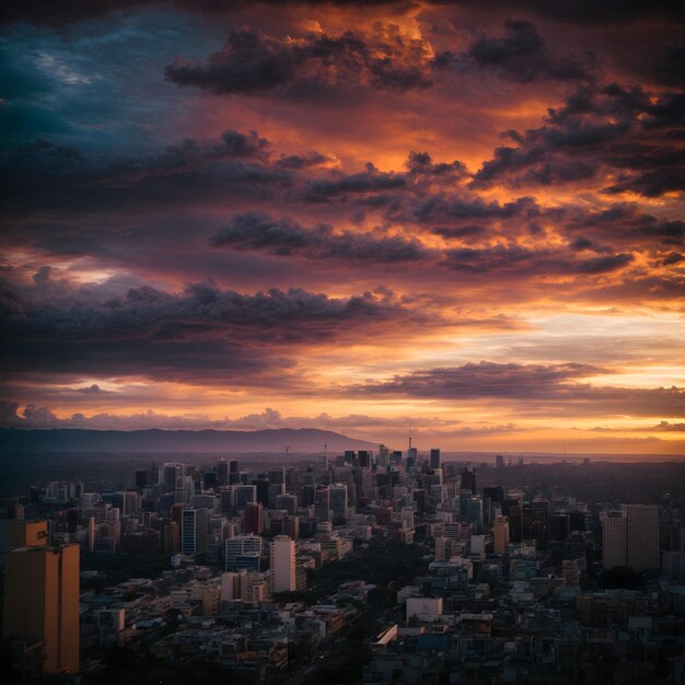 Twilight Cityscape Kleurrijke zonsondergang en onheilspellende wolken