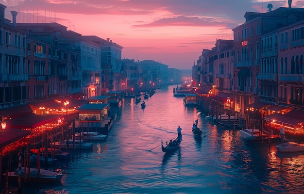 Twilight descends on Venice with warm glowing lights and gondolas on the Grand Canal