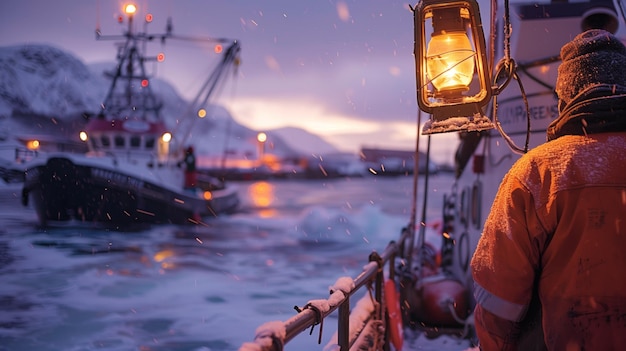 Twilight Fishing Endeavor in Snowy Maritime Landscape