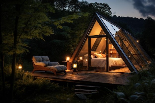 Twilight at a forest glamping site with a luxurious glass cabin surrounded by tranquil nature Camping with luxury plush bedding and nature's beauty Generative AI