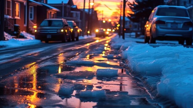 Twilight Glow on Snowy Suburban Street in Winter Evening