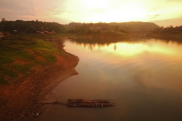 Twilight hills and river life in Sangkhlaburi village Western Th