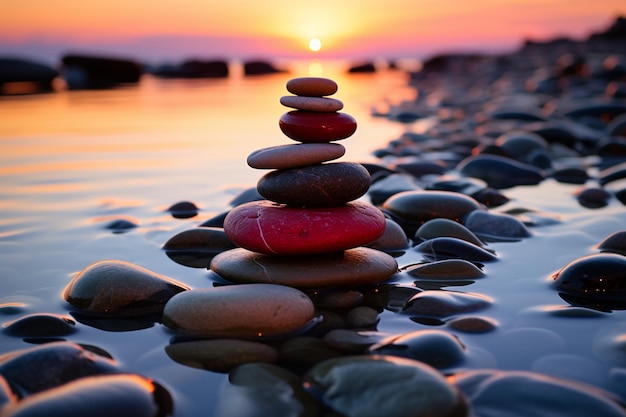 Twilight hues embracing Zen stones as the sun bids farewell
