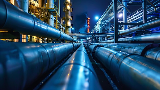 Photo twilight illumination of industrial pipes at a chemical plant