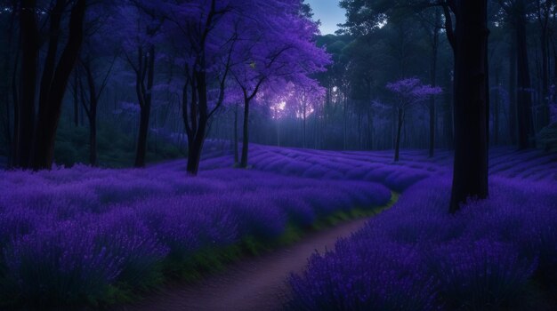 Twilight in the Violet Vale transformeert het bos in een droomachtig landschap