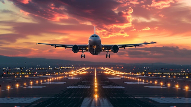 Photo twilight landing airplane approaching san diego runway at dusk