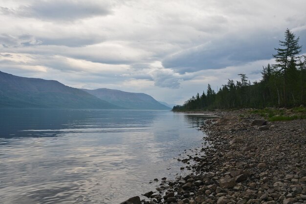 Twilight landscape of northern lake