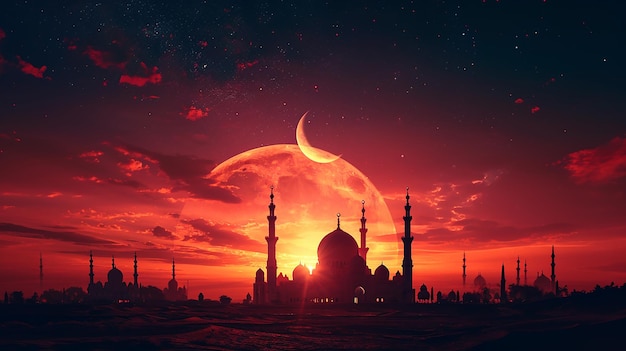 Twilight majesty mosques dome shadow on night red sky