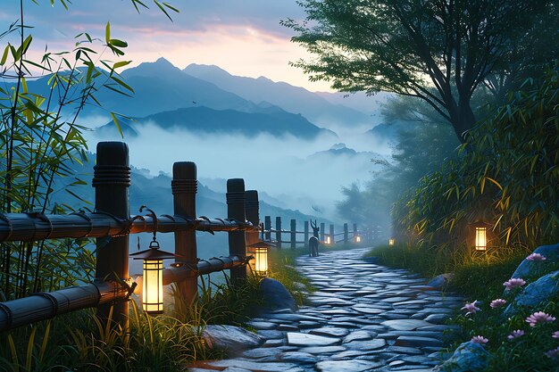 Twilight Mist over Zen Garden Pathway