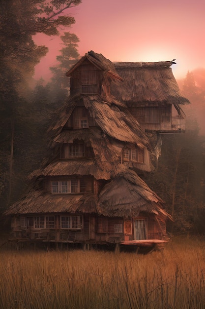 twilight, old hut with chicken legs, rural area