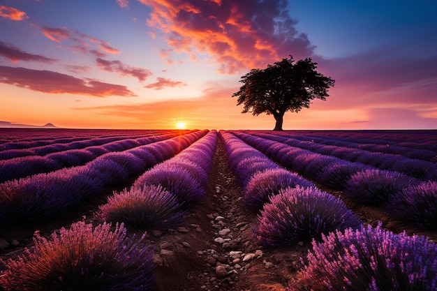 Twilight over Lavender Fields zonsondergang behang