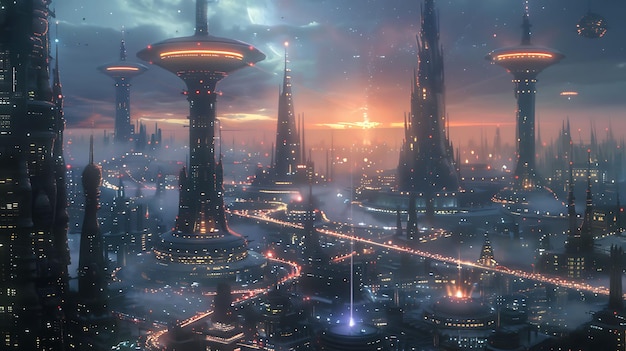 Foto twilight over scifi cityscape