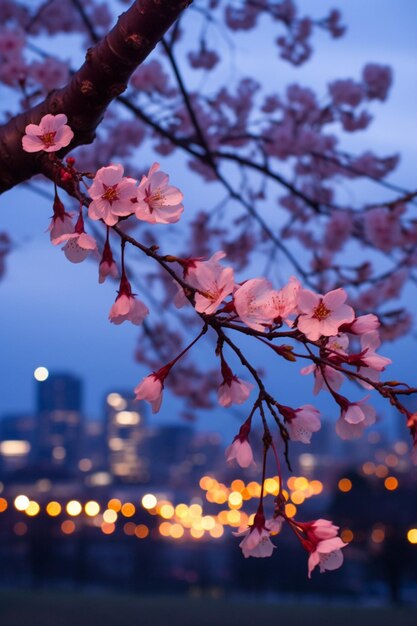 A twilight photoshoot of cherry blossoms with city lights in the distant background