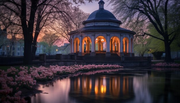 A twilight photoshoot of a historic building surrounded by spring blooms