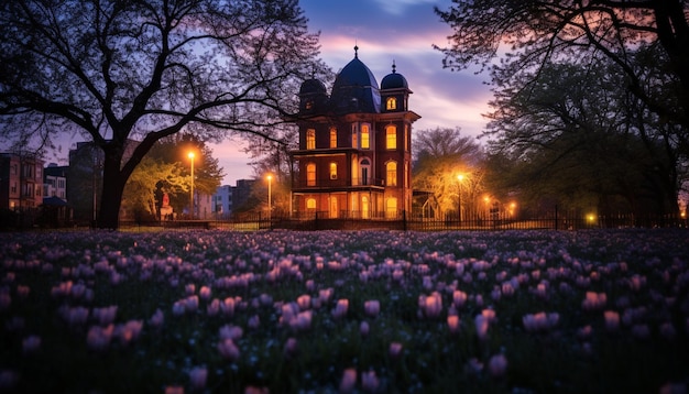 A twilight photoshoot of a historic building surrounded by spring blooms