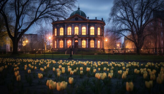 春の花に囲まれた歴史的な建物の夕暮れの写真撮影