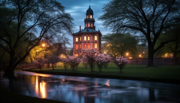 Photo a twilight photoshoot of a historic building surrounded by spring blooms