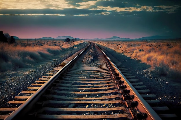 Twilight over prairie outing to nature railways extending into distance