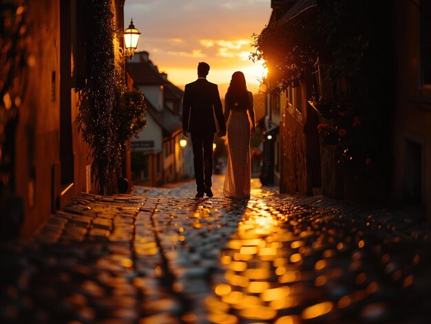 Twilight Promenade A couple walks hand in hand down a charming cobblestone street bathed in the golden hues of the setting sun which casts a warm glow and elongated shadows on the historic path