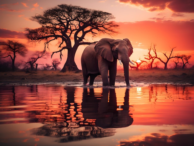 Twilight's Embrace Serene Elephant and Solitary Tree Reflection