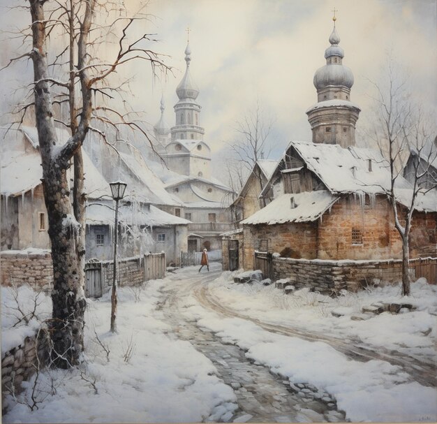 Twilight's Spell on a Snowy Village Square A Jon J Muth Style Portrait