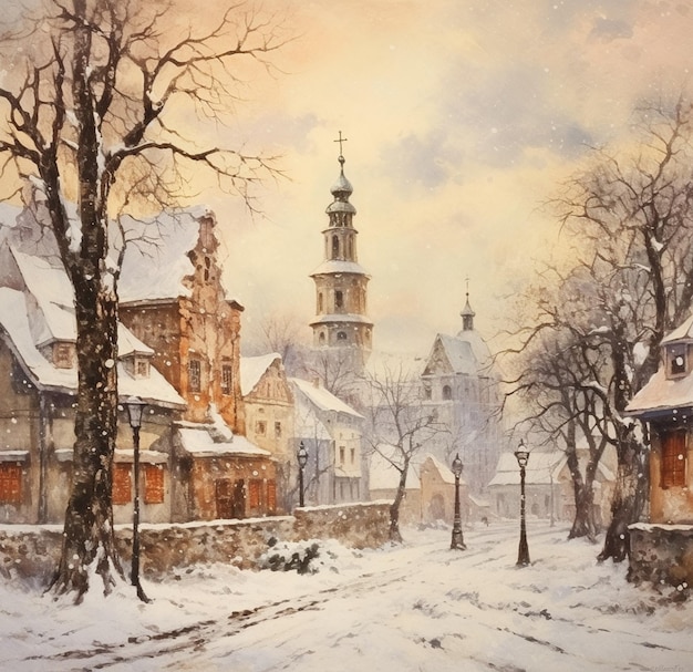 Twilight's Spell on a Snowy Village Square A Jon J Muth Style Portrait